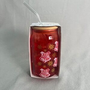 Harry Potter Hogwarts Red‎ Glass Tumbler Bamboo Lid Glass Straw 16oz Crests/Snow